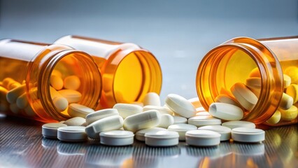 Close-up of prescription pill bottles spilling pills, pharmaceuticals