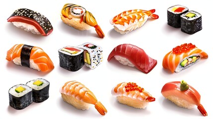 A variety of sushi rolls and nigiri on a white background.