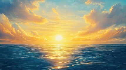 Obraz premium The sun dips towards the ocean horizon, casting a warm golden light and creating a serene, cloud-streaked sky.