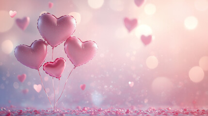 Heart Shaped Balloons and Glittery Pink Background with Romantic Atmosphere