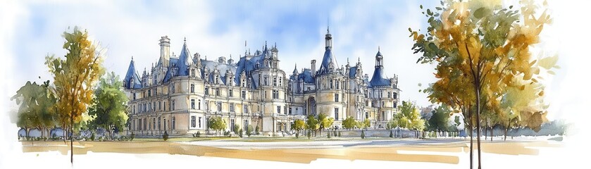 Fototapeta premium Royal wedding, grand castle in background, luxurious decor, Watercolor style