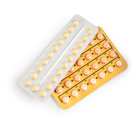 Blisters of contraceptive pills isolated on white, top view