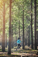 Trail, running and woman in woods with fitness, trees and health challenge on morning workout. Nature, exercise and girl runner in forest for outdoor marathon, endurance training and wellness in park