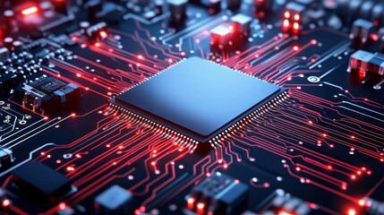 Obraz premium Close-Up View of Microchip with Circuit Board and Glowing Red Lights on Modern Technology Background