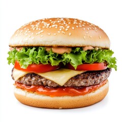 Delicious hamburger with sesame seed bun, fresh lettuce, juicy tomato, melted cheese, and savory sauce
