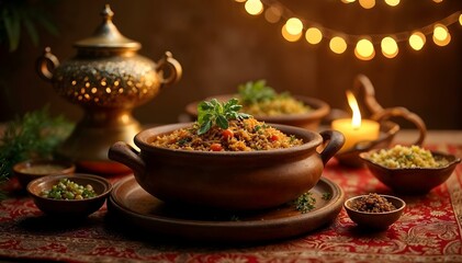 Fototapeta premium A traditional clay pot filled with aromatic ramadan biriyani, garnished with fresh herbs. The biriyani is placed on a decorative tablecloth, with a beautifully designed ramadan lamp beside it. Glitter