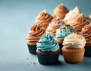 cupcakes with neutral colored whipped frosting with copy space and bokeh background