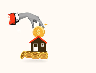 Coin in hand for the purchase of real estate. Man invests money in the house