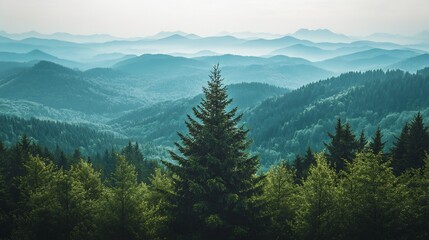 Serene mountain vista; majestic evergreen tree stands tall amidst rolling blue-green hills bathed in soft morning light.. AI Generated