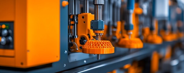 Close-up of an orange industrial machine with intricate details, performing a precise manufacturing process.