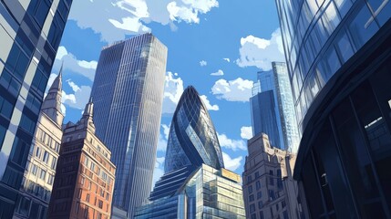 Upward perspective of the London financial district, featuring iconic modern skyscrapers and clear urban skies.