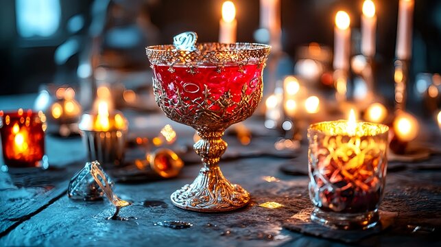 mystical chalice with red elixir & candles - dark fantasy