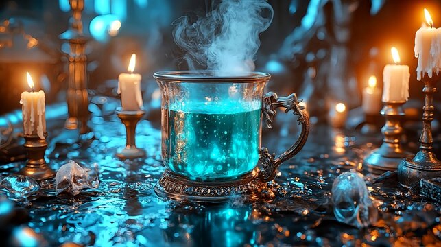 mystical potion, glowing teal elixir - dark fantasy