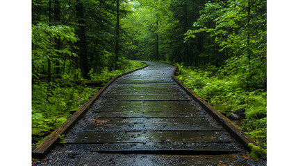 Rainy boardwalk path through lush green forest