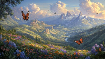 A vibrant spring meadow blanketed with wildflowers in shades of pink, yellow, and purple, glowing under the golden morning sunlight. Gentle breezes sway the fresh green grass as butterflies 
