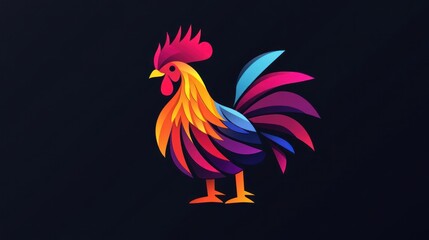 Colorful rooster illustration, farm animal, dark background, graphic design, website icon