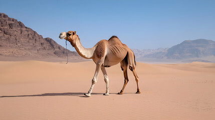 Camel walking desert sand dunes mountains background travel poster
