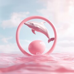 Dolphin jumping through hoop in pink ocean.