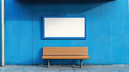 Wooden bench and blank ad space at a modern bus stop, set against a vibrant blue wall, combining functionality with aesthetics.