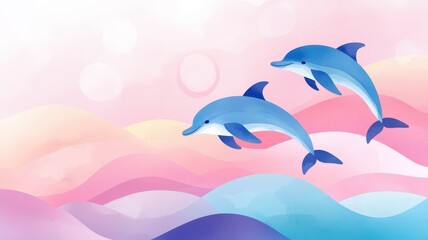Obraz premium Two dolphins leaping colorful ocean.