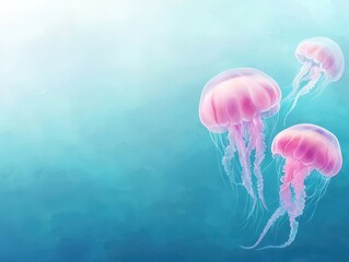 Naklejka premium Three jellyfish in a serene underwater scene.