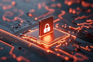 glowing lock icon on microchip symbolizes advanced cybersecurity technology, highlighting AI enhanced protection in digital circuit environment