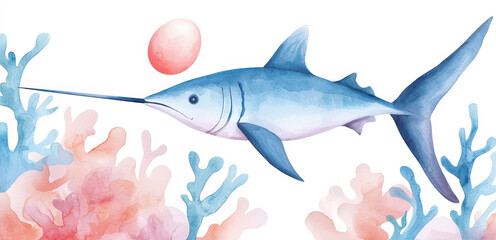 Fototapeta premium Coral scene featuring swordfish spearing an Easter egg underwater. Easter day watercolor illustration.