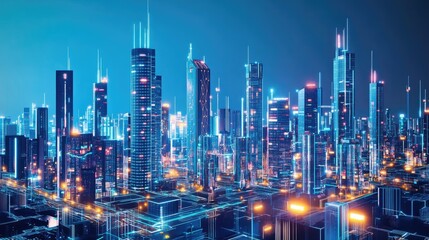 Obraz premium A bustling high-tech cityscape with glowing towers and modern infrastructure, highlighting urban progress and technology.