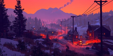 A cozy winter village nestled among snow-covered pine trees, with warm lights glowing from the windows of quaint cottages. Smoke curls from chimneys into the crisp evening air, and softly glowing 