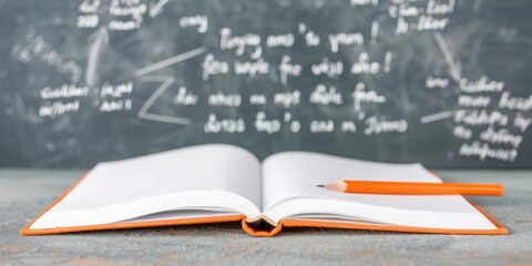 Open Book with Orange Pencil on Wooden Table and Chalkboard Background