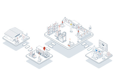 Obraz premium 3D isometric Logistics warehouse operations blend manual and automated systems using forklifts, trucks, and AGVs for efficient material handling.