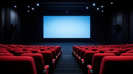 Obraz premium Empty cinema hall with red seats and blue screen ready for movie viewing experience in a modern theater