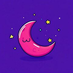Naklejka premium Cute Pink Crescent Moon with Smiling Face and Sparkling Stars on Purple Night Sky