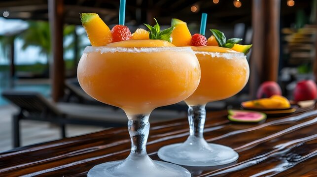 tropical mango frozen cocktails poolside - tropical drinks