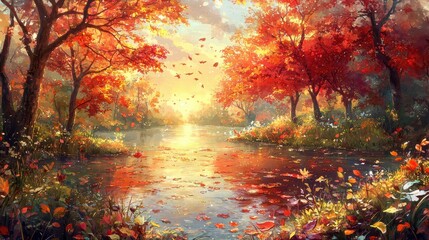 A glowing autumn lake surrounded by trees ablaze in shades of red, orange, and yellow. The calm water mirrors the fiery foliage and the warm light of a setting sun. Floating leaves ripple gently, 