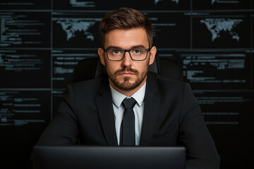 focused man in suit and glasses works on laptop, analyzing data on multiple screens in dark room. background displays world maps and code, suggesting high tech environment