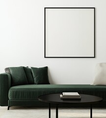 A modern living room featuring a green sofa, decorative cushions, a coffee table, and an empty wall framed for artwork.