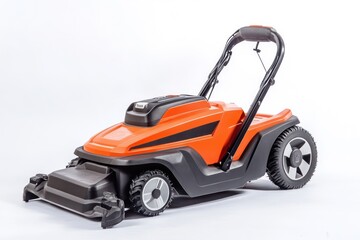 Orange lawnmower on white background, garden tool, summer, outdoor, mowing