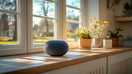 Smart Speaker on Wooden Window Sill, Sunlit Room Illustration