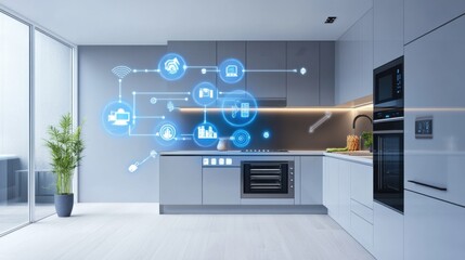 A smart home kitchen with IoT devices and smart appliances, Smart kitchen scene, Minimalist style