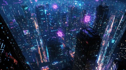 Obraz premium A futuristic city at night with vibrant wireless network symbols floating above skyscrapers, symbolizing urban connectivity and communication.