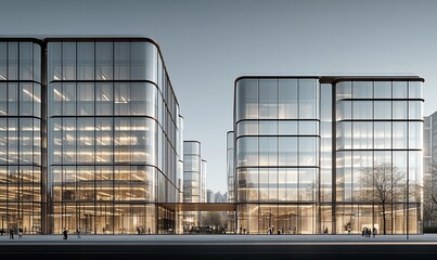 Obraz premium Modern Glass Office Buildings at Dusk, Cityscape