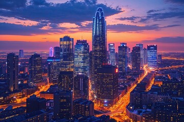 Obraz premium Stunning Evening City Skyline with Bright Illuminated Background