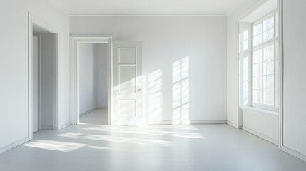 Fototapeta premium Sunlit Empty Room with White Walls and Doors - Modern Interior Design