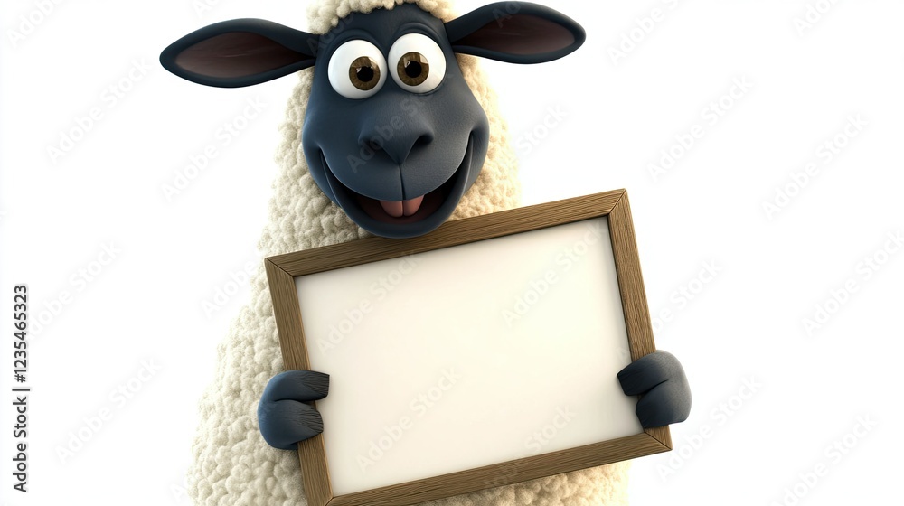 Fototapete a cartoon sheep with a happy expression, holding a blank signboard perfect for adding custom text, o