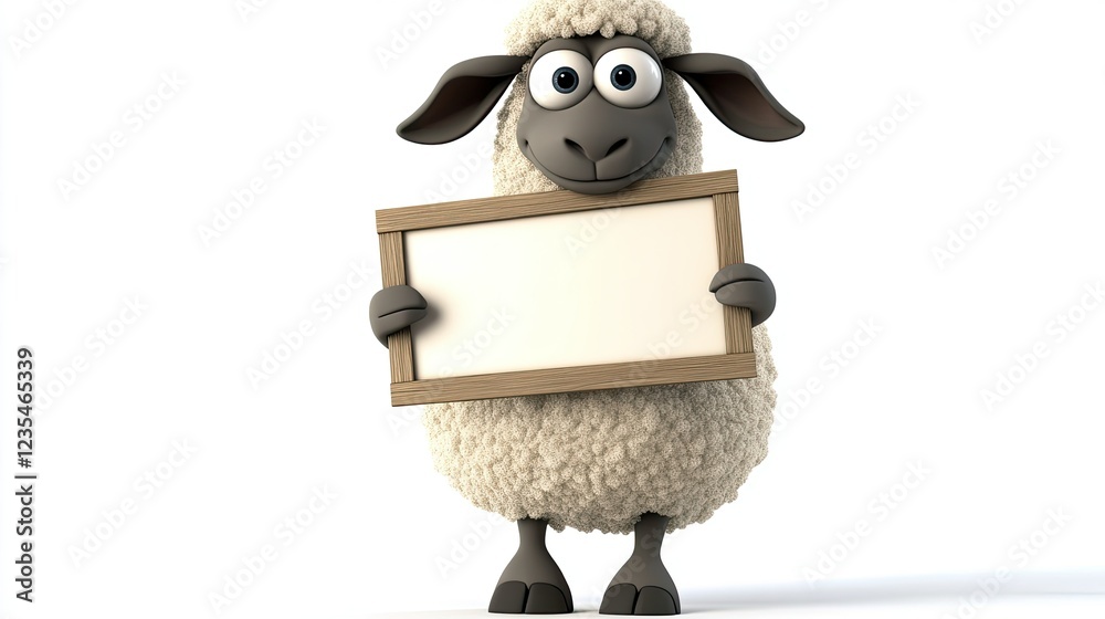 Fototapete a cartoon sheep with a happy expression, holding a blank signboard perfect for adding custom text, o