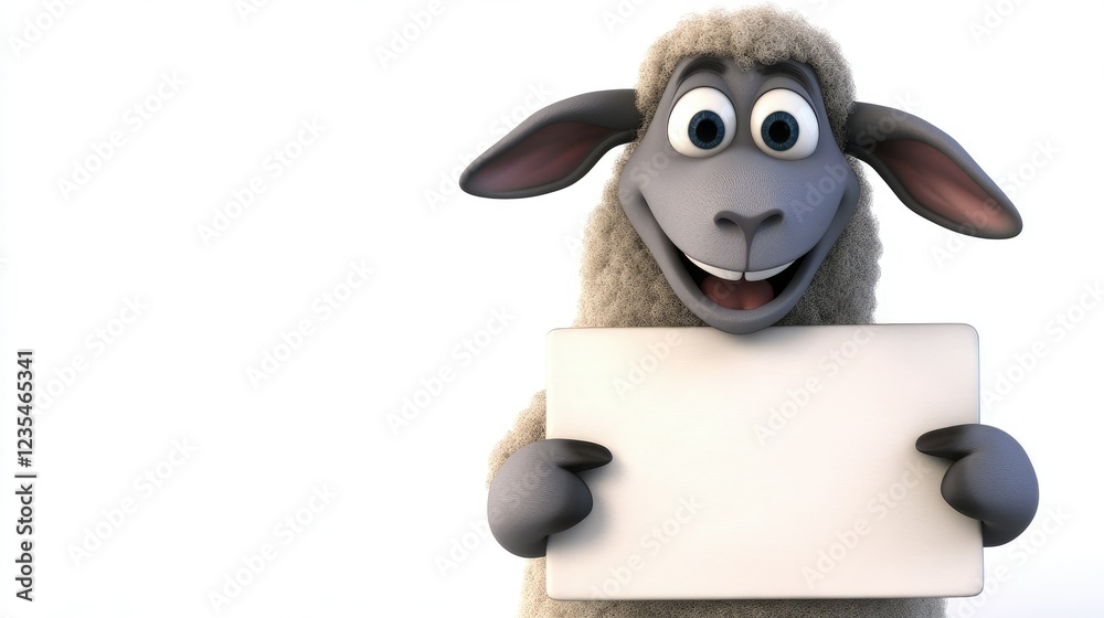 Fototapete a cartoon sheep with a happy expression, holding a blank signboard perfect for adding custom text, o