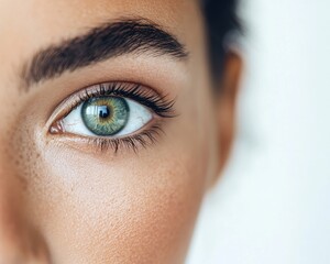iris patterns eye striking close-up green concept. Close-up of a woman's eye showcasing vibrant green iris and defined eyelashes.