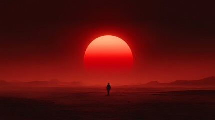 Fototapeta premium Solitary Figure Walking Towards a Crimson Sun on a Desolate Planet