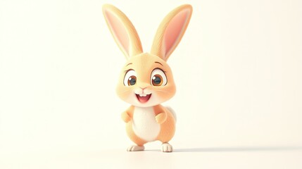 Fototapeta premium A cute cartoon rabbit with big ears and a playful expression, hopping on a white background for a minimalist look.